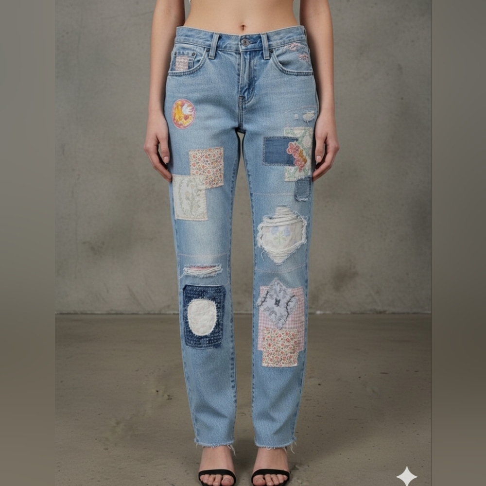 Levi Premium Middy Straight Light Wash Denim Upcycled Patchwork Jean (24)
